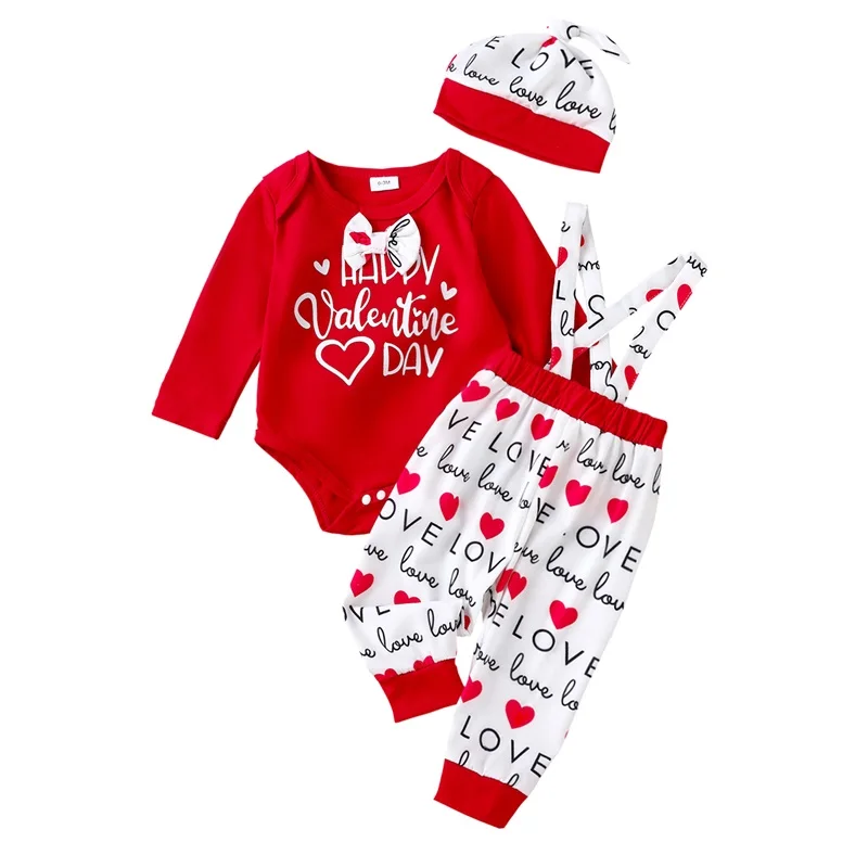 Baby Valentine s Day Set Letter Heart Bow Tie Long Sleeve Round Neck Romper Suspender Pants Hat Outfits