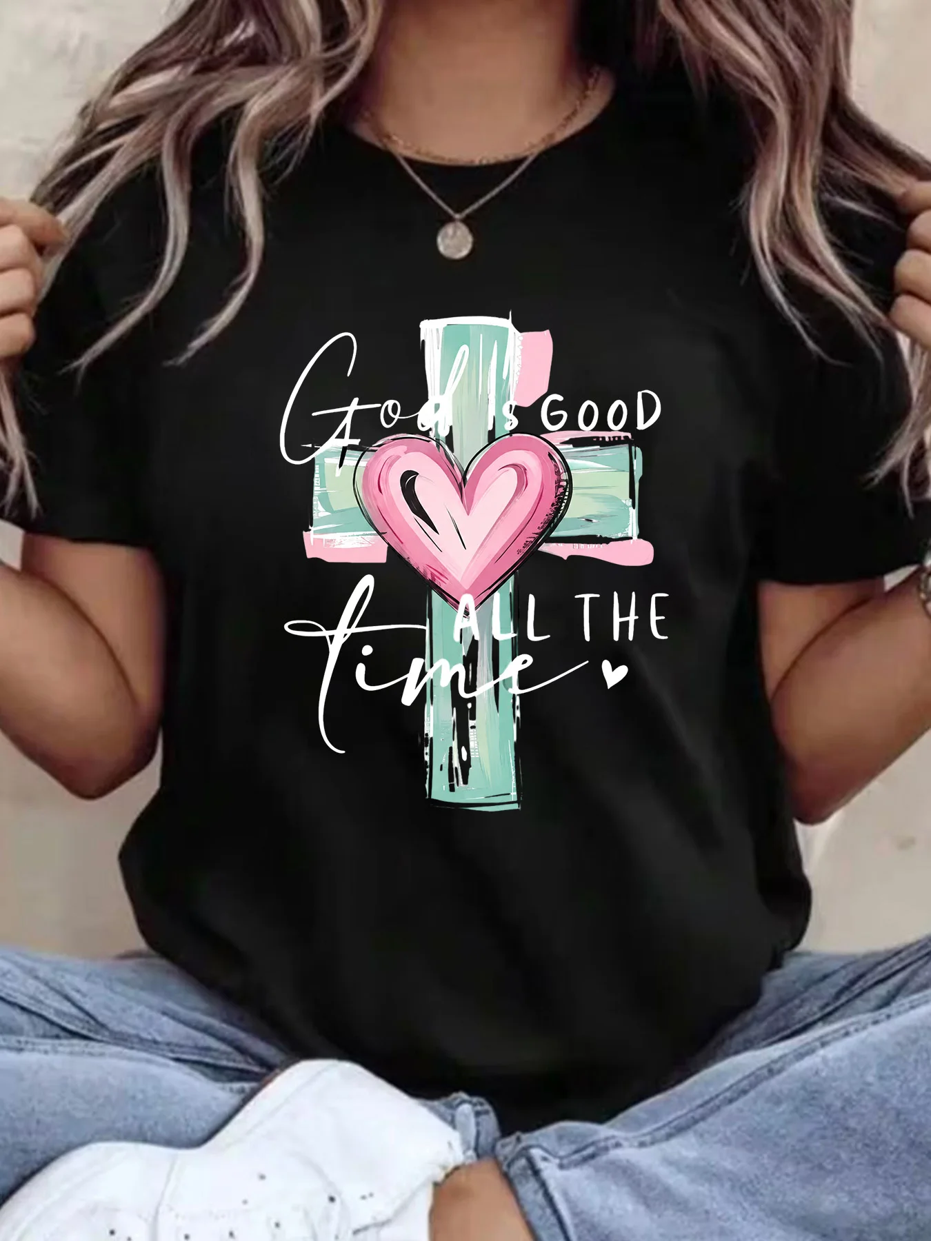 【SYJ080144】Large T-shirt Short sleeved Summer Clothing Love Cross Printed Casual T-shirt Women's Large Top