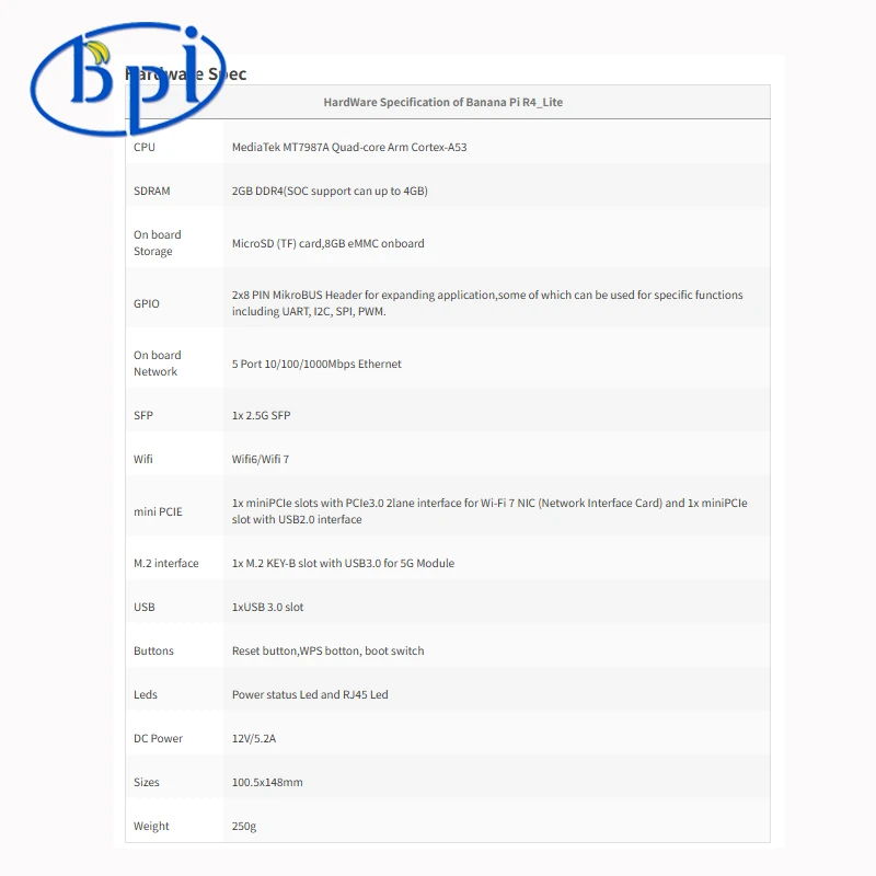 Banana Pi BPI-R4 Lite MT7987 Quad-core Arm Cortex-A53,2GB DDR4 8GB eMMC,Support M.2 for 4G/5G Module,12.5G SFP/RJ45 Single Board