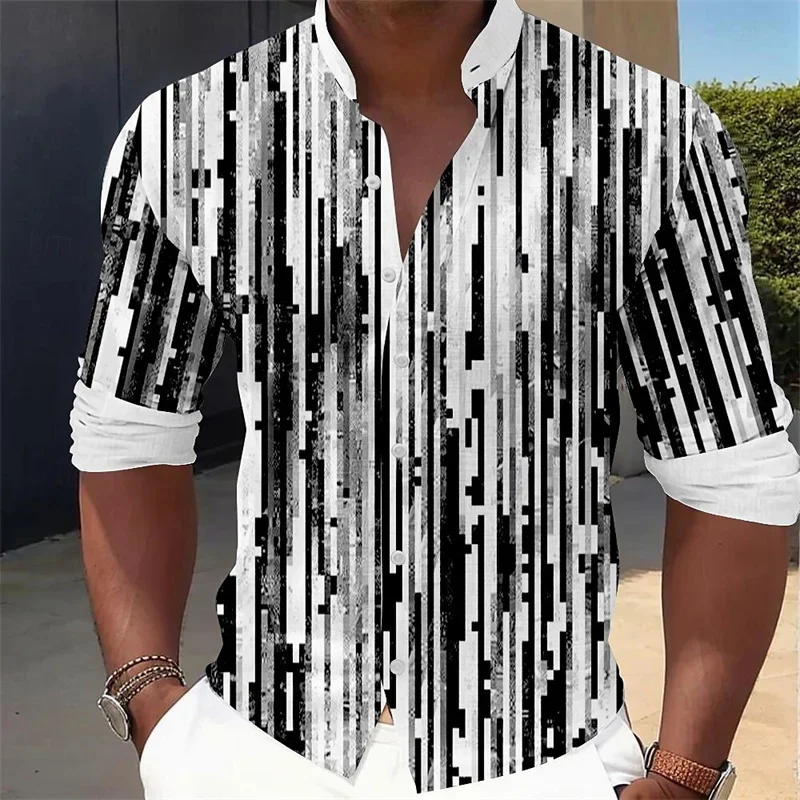 

Striped casual men's formal shirt button-down shirt long sleeve daily autumn stand collar 3D printing thin section XS-6XL