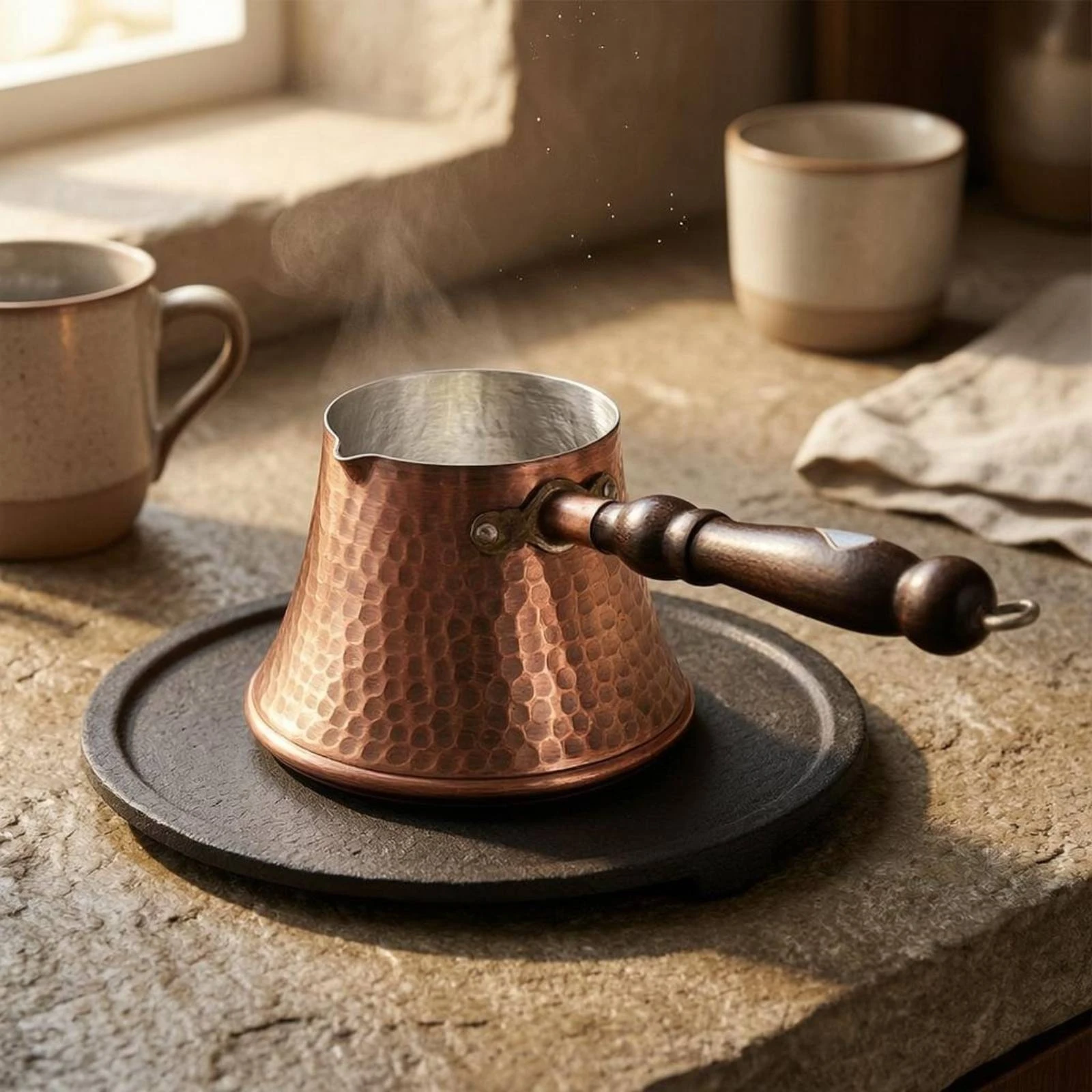 Copper Cezve Flared Top Hammered Copper Coffee Pot Turkish Coffee Pot Hanging Loop Hot Drink Item Pouring Lip view 5