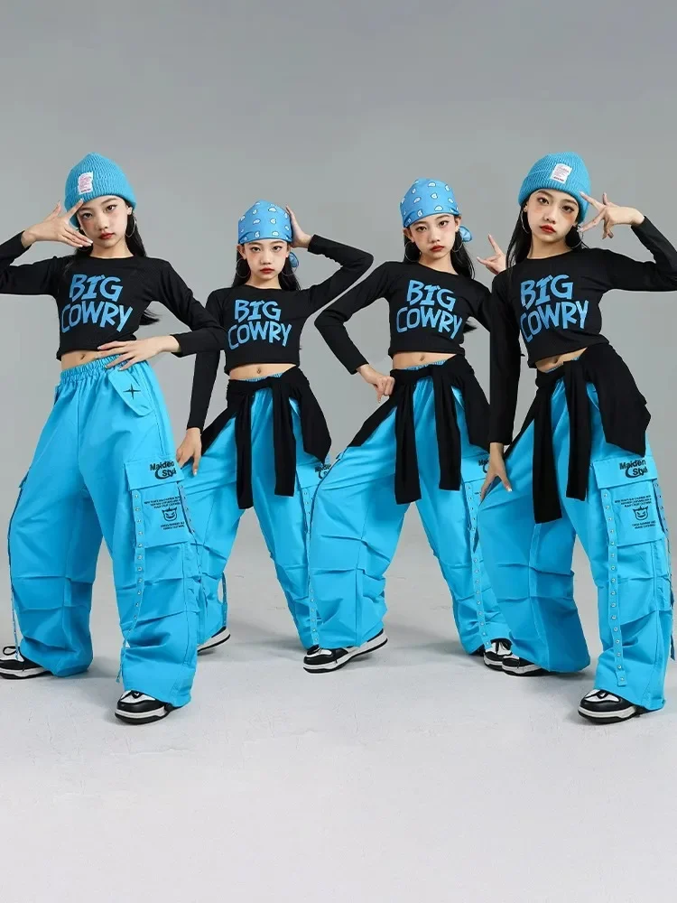 Girls K-pop Crop Top Hip Hop Candy Color Cargo Pants Clothes Children Street Dance Girl Group Stage Costumes Kids Streetwear