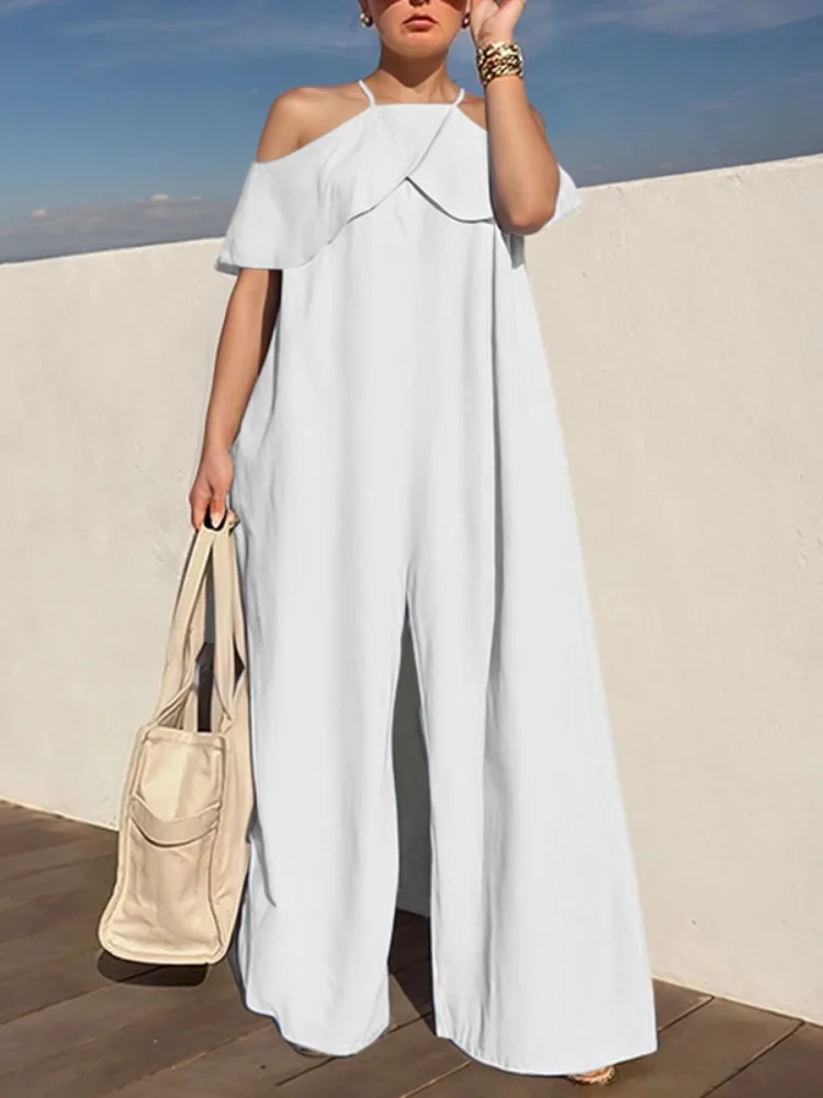 Freeacy 2024 Kombinezon dla kobiet Cold Shoulder Halter Jumpsuit Solid Color High Waist Loose Fit Wide Leg Pleated One-piece Suit