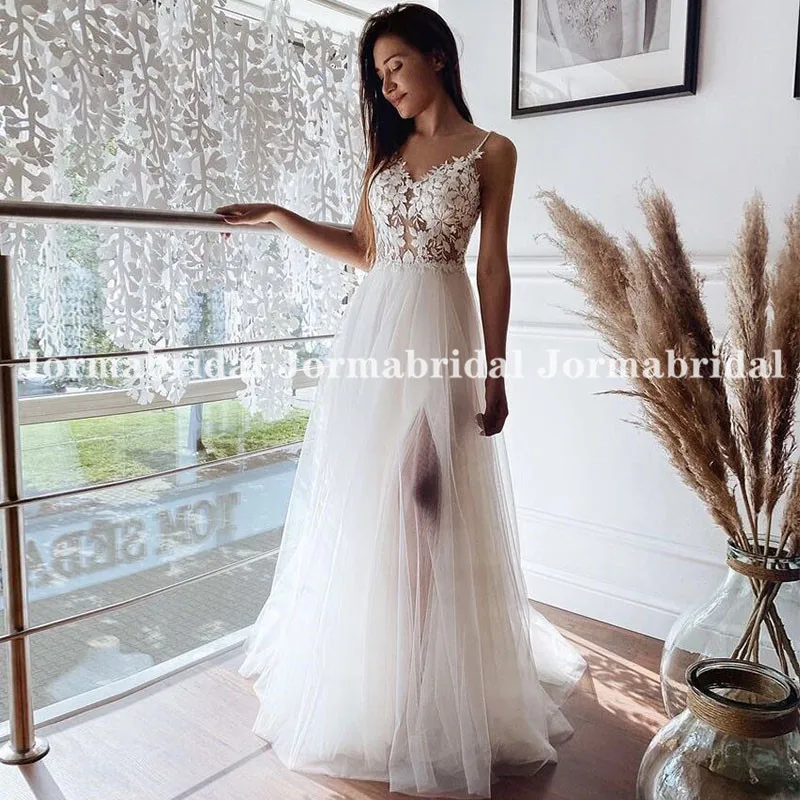 Vestidos de novia bohemios blancos con tirantes finos para mujer, vestidos de novia con ilusión de cuello en V, apliques florales de tul con abertura alta, para playa y boda