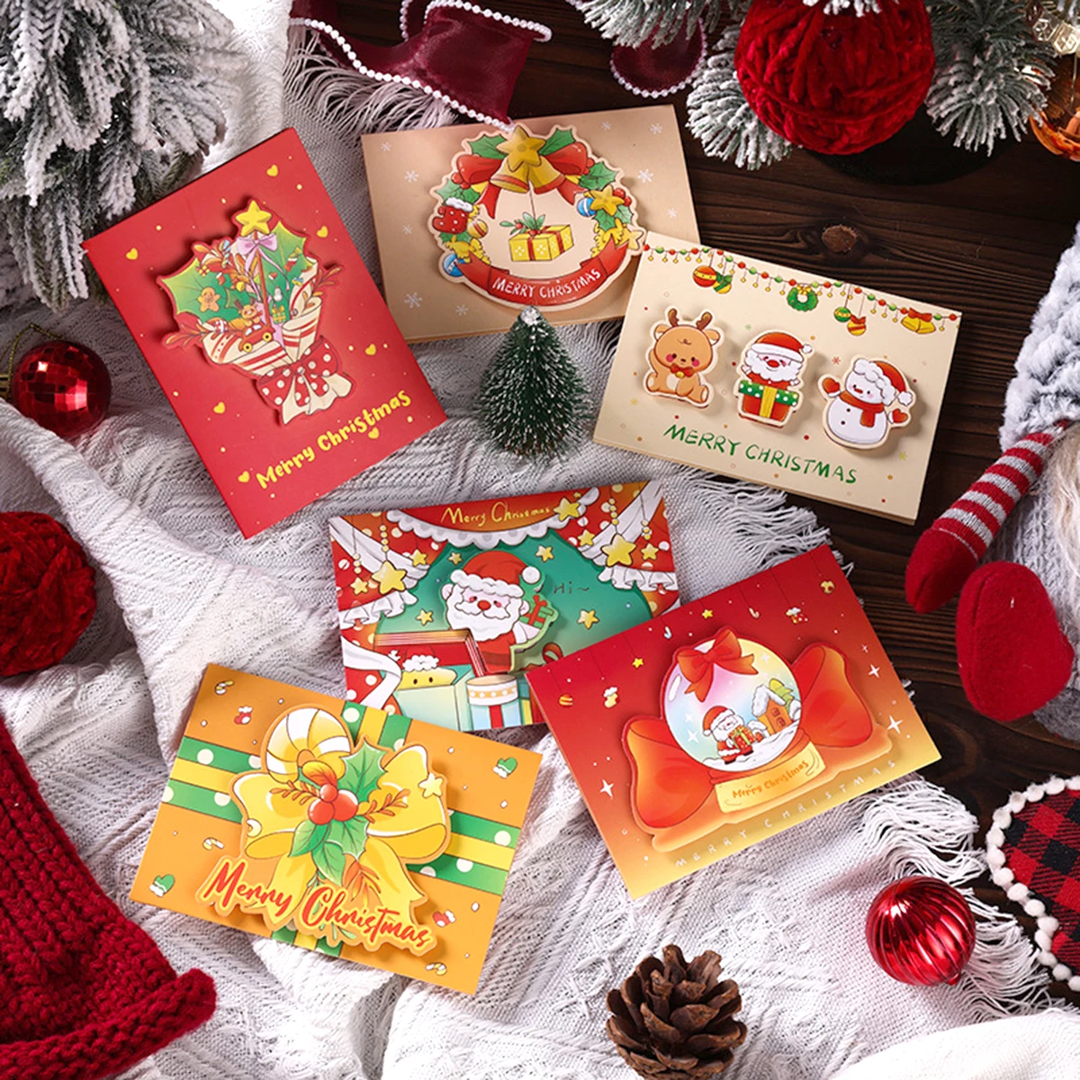 Christmas Holiday Greeting Card 3D Festive Santa Snowman Wreath Bell Gift Design Xmas Card for Family Friends
