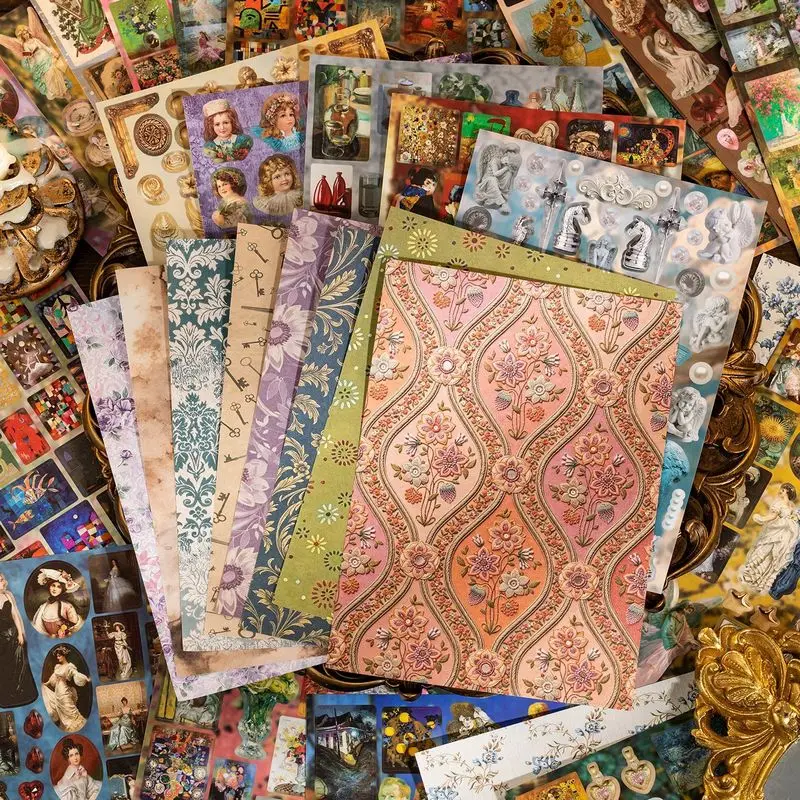 30Pcs Realm of Illusory Forms Coated Paper Sticker Book, Vintage Oil Painting Decor Stickers for Diary Album Decoration