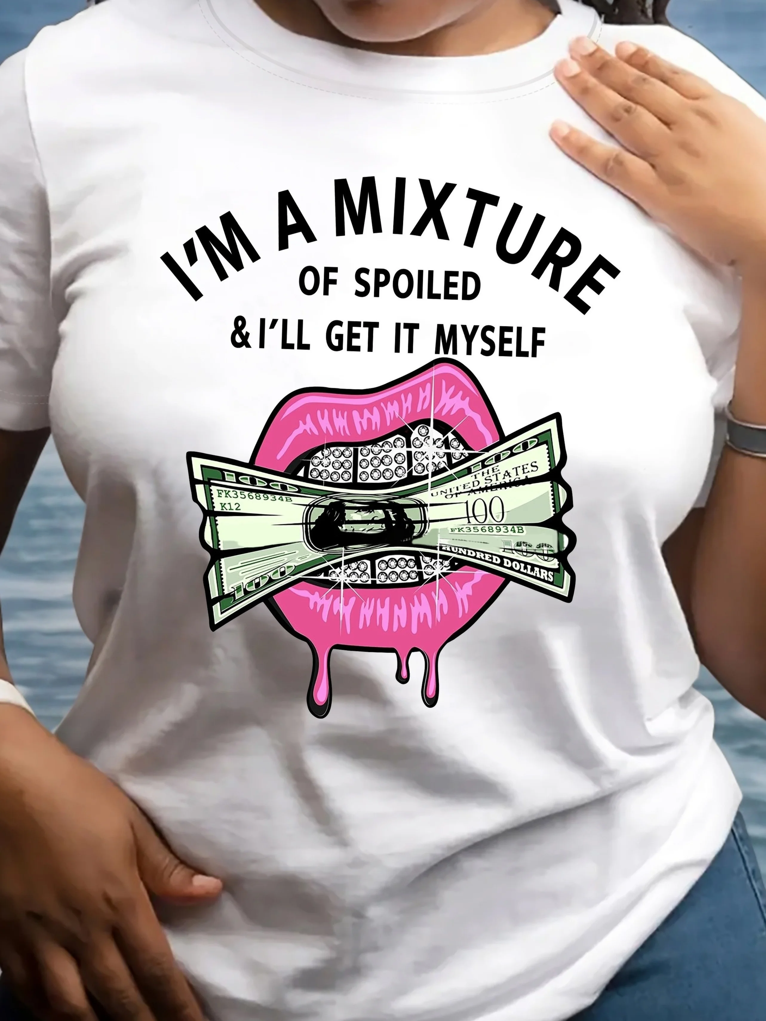 

Women's Playful Money & Lips Graphic Tee - Soft, Breathable, Short Sleeve Crew Neck - Perfect forSummer Casual Outings