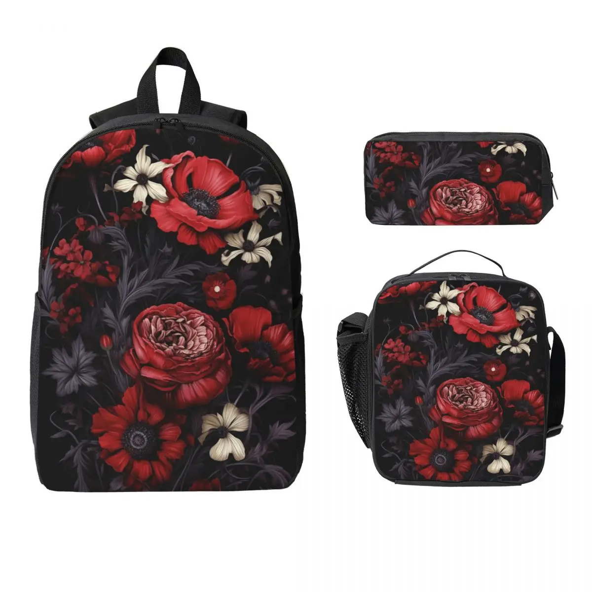 Vibrant Poppy Floral Design Backpack Boys Girls BookBag School Bag Computer Shoulder Bags 3ps Insulated Lunch Bag Pencil Case