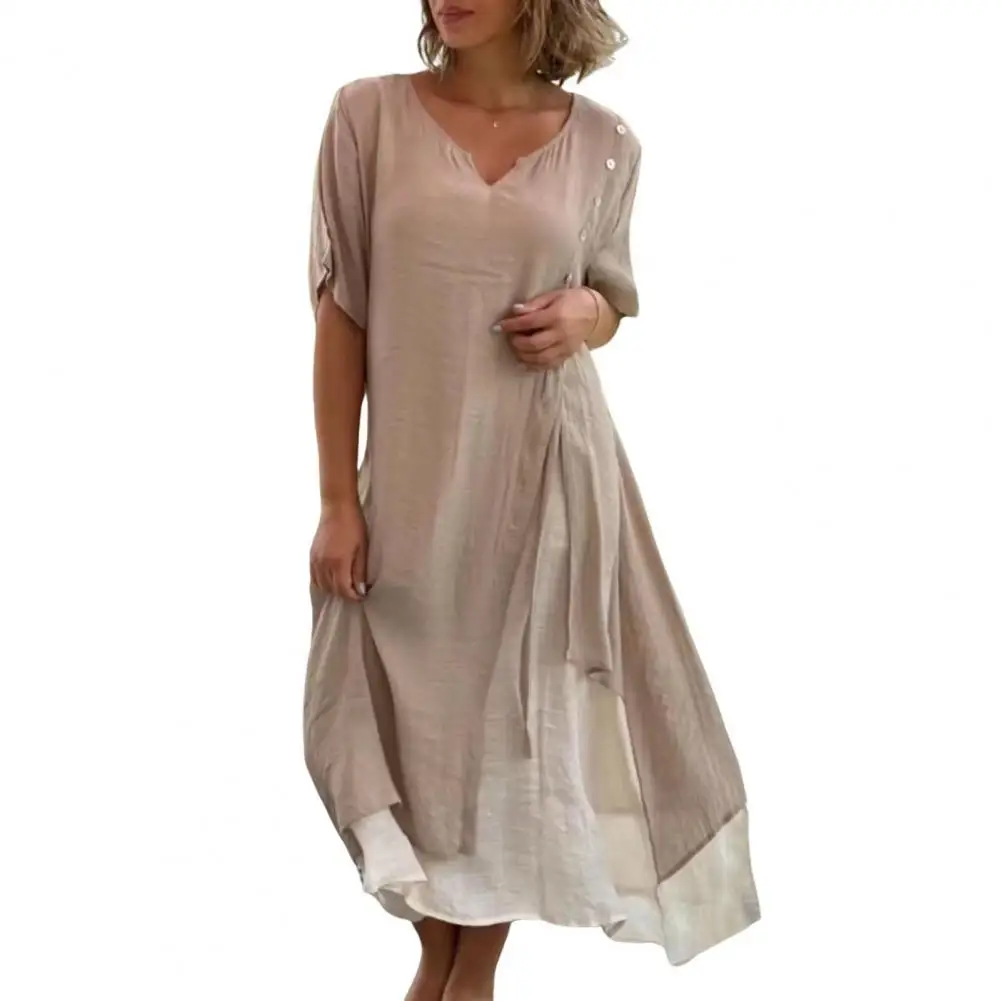 

Women Dress Stylish Women's Midi Dress with V Neck Button Decor Casual Summer Long Dress with Irregular Hemline Soft for A