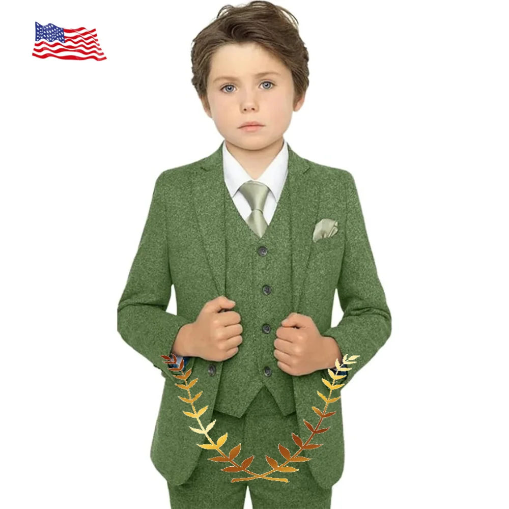 Boy's Suit Herringbone Tweed 3 Piece Suits for Kids Formal Occasions Tuxedo Jacket Vest Pants Set