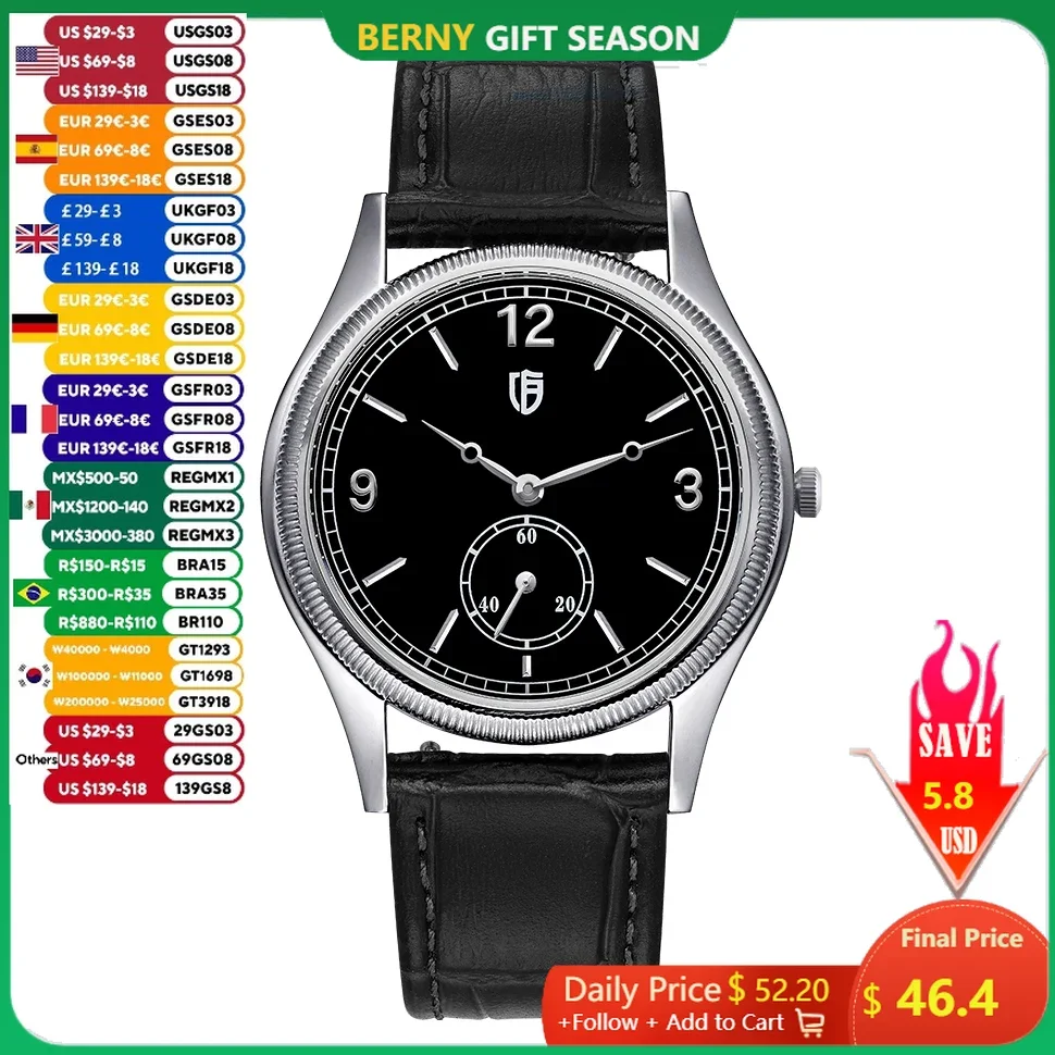 BERNY Quartz Watches for Men 38mm Mens/Ladies Ultra-Thin Couple Watch Simple Easy Read Genuine Leather Dress Wristwatch