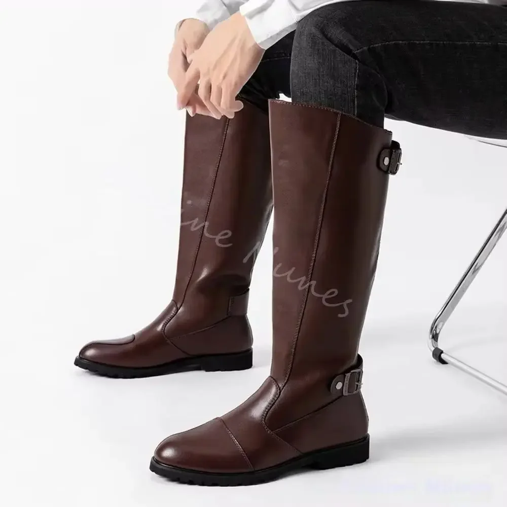 Retro-Minimalist Riding Boots Men British-Style Zippers Belt Buckle Motorcycle Boots Brown Platform Chunky Heel Knee High Boots