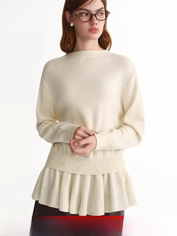

Romantic Chacha Detachable Hem Knitted Sweater plus Size round Ne Wool Blend Long Sve Mid-Length Ladies Faion Autumn W...