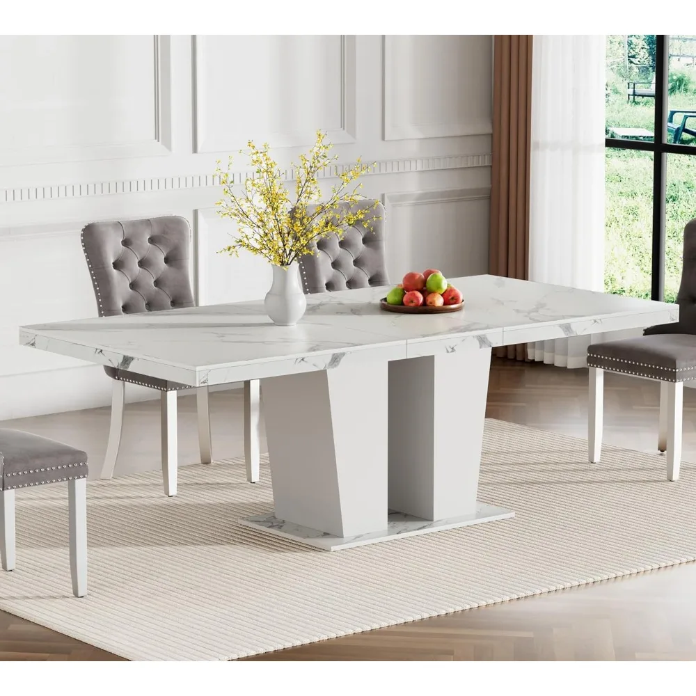 Mesa de comedor extensible moderna, 63-78,7 pulgadas de largo, acabado de mármol sintético blanco, base de madera blanca, mesa de conferencias para 6-8 personas,