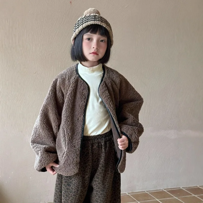 Boys Girls Coat 2025 Autumn Winer Korean Style Fashion Vintage Trendy Thick Warm Fluffy Reversible Solid Color Coat