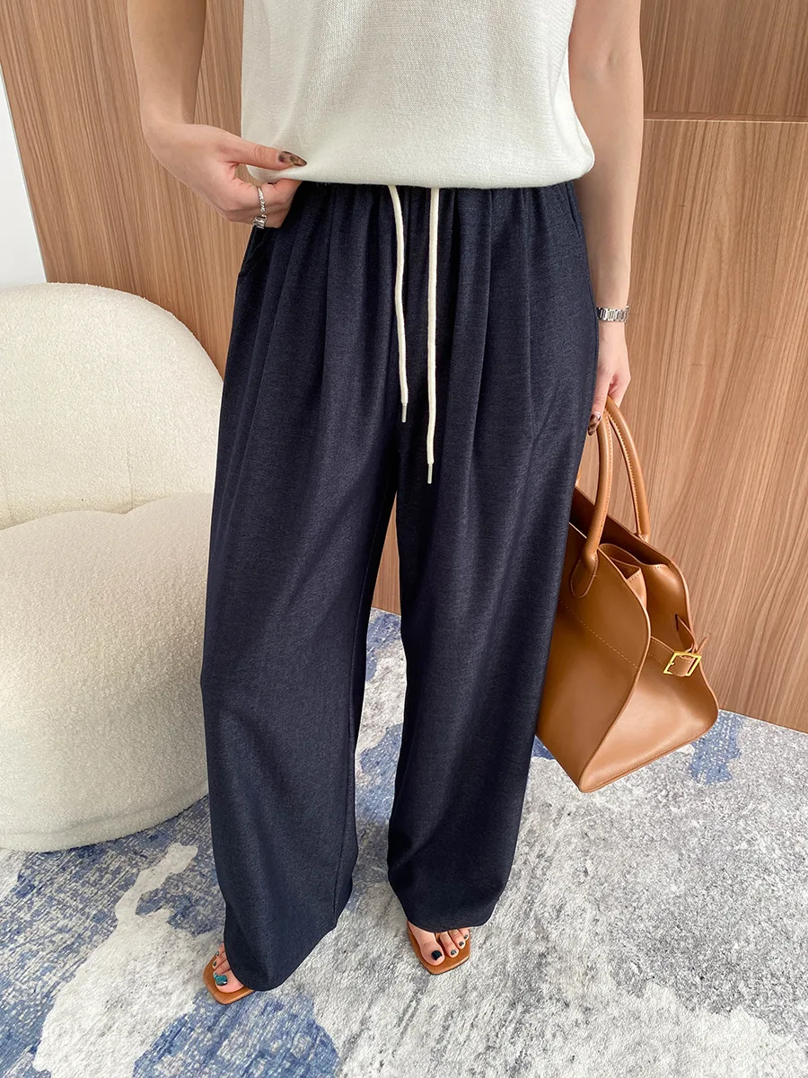 

Spring women's casual solid color high waist loose wide leg pants