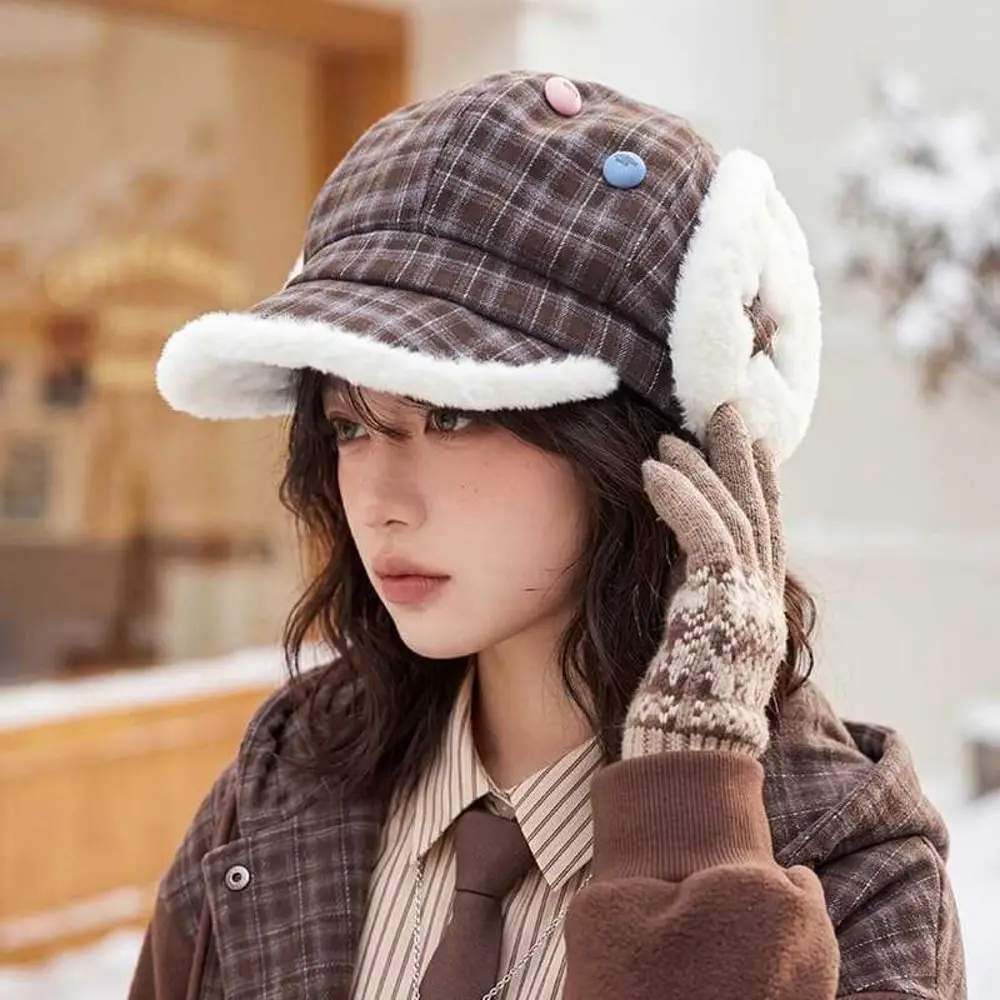Cute Sweet Plaid Octagonal Hat Autumn Warm Winter Fleece Lined Hat Earflap Windproof Newsboy Cap Outdoor