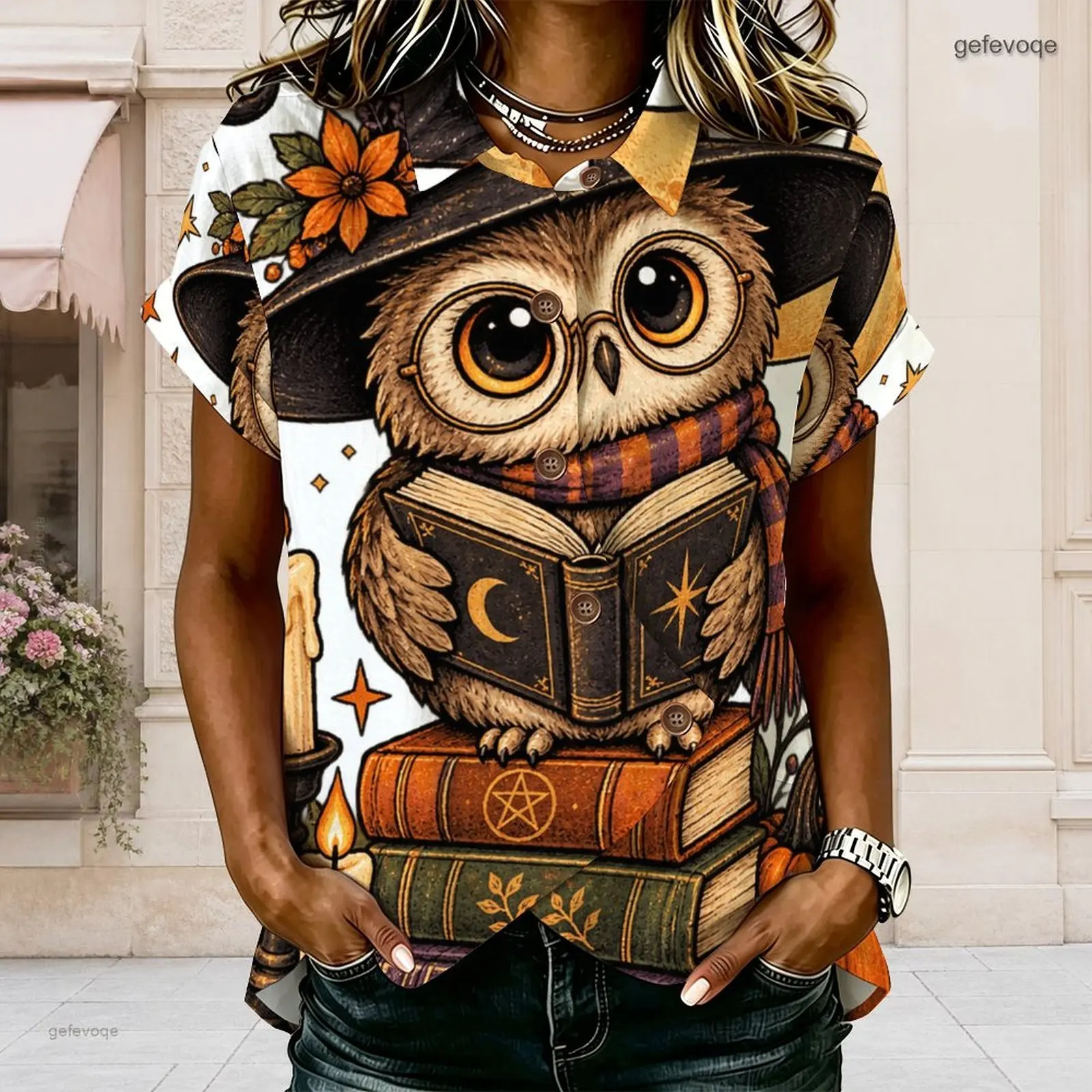 Women Printed Short Sleeve Collared Shirt, Witch Owl Book Candle Floral Pattern Button Front Top