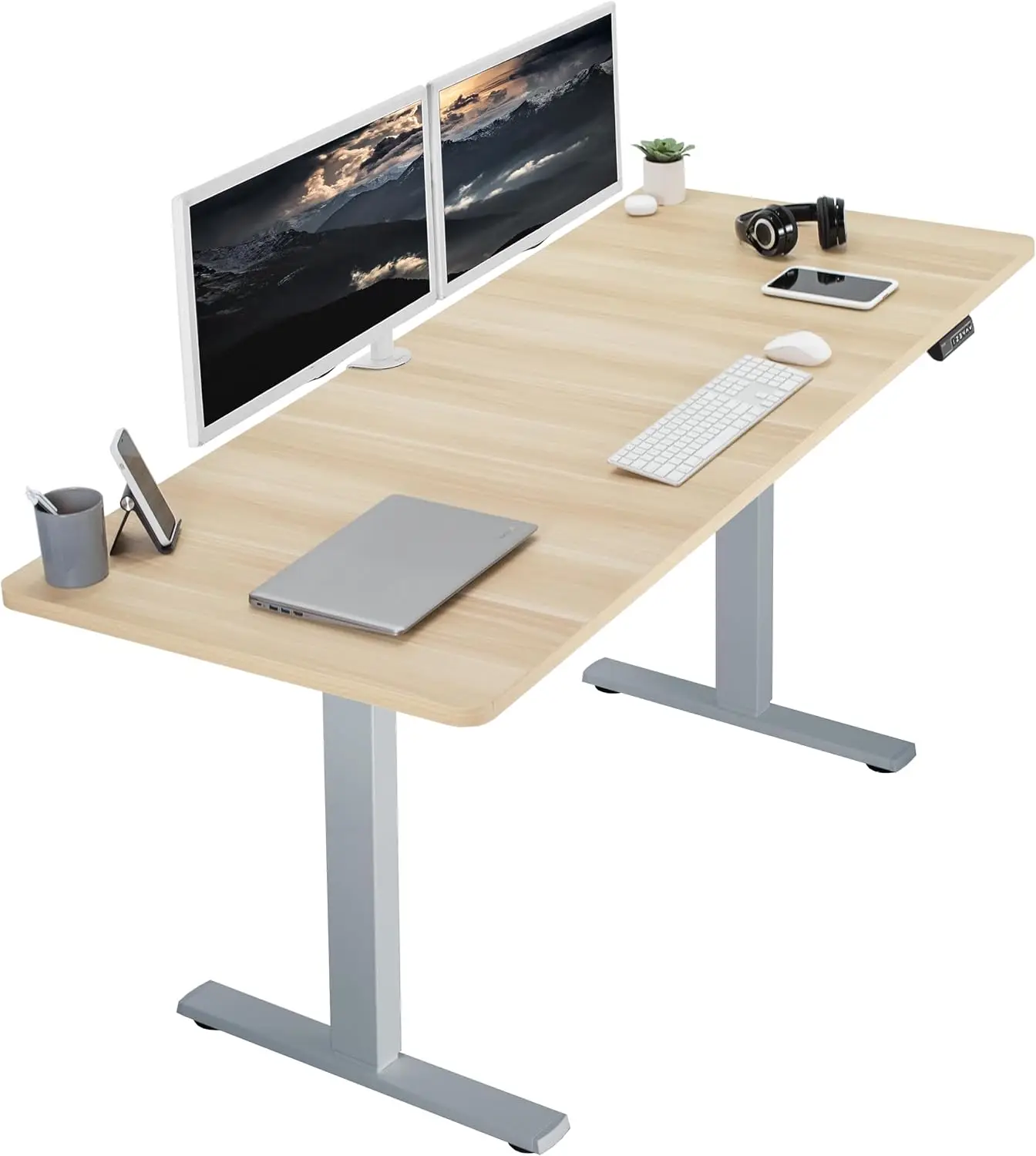 

Electric 71 x 30 inch standing desk workstation with memory controller height adjustment, light wood top grey frame