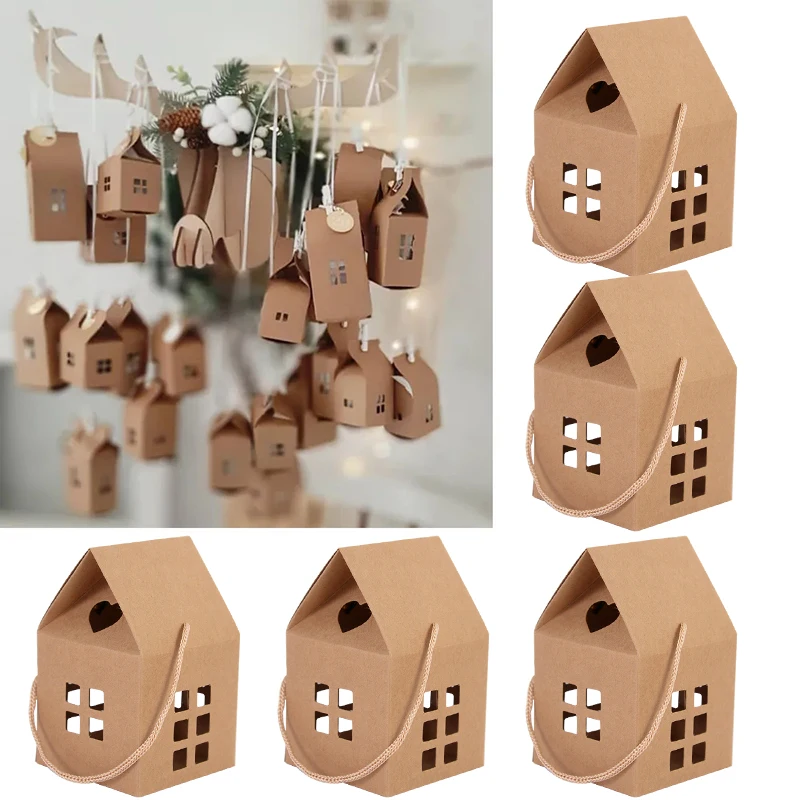 

5Pcs Christmas House Shape Gift Boxes Xmas Candy Cookie Snack Packaging Box 2024 New Year Party Supplies Navidad Decoration Noel