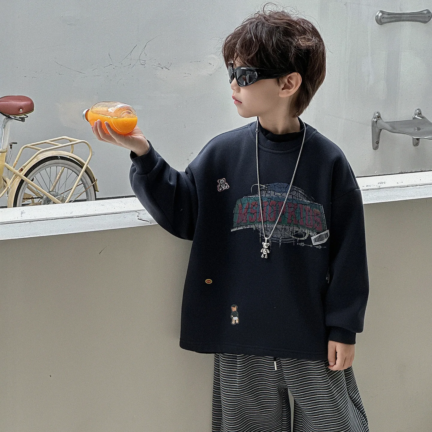 سترة الأولاد الأطفال المطبوعة الصوف العصرية رياضي فضفاض صالح أعلى الخريف الكورية فضفاضة عارضة جديدة عارضة جميع مطابقة