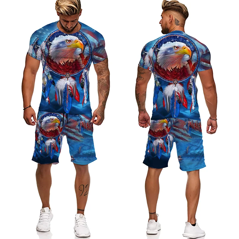 Ensemble de vêtements d'été pour hommes, t-shirt et short imprimé en 3D, surdimensionné, décontracté, drapeau américain et aigle, à la mode, 2 pièces