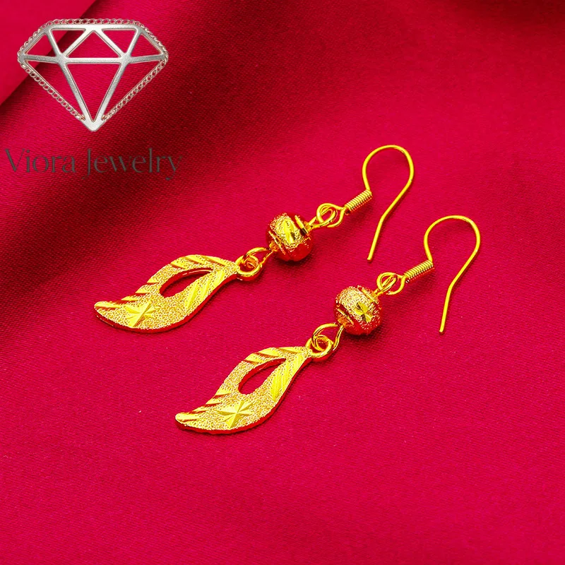 Viora Jewelry 24K Gold Leaf Earrings with Carving | AU999 Pure Gold, 3D veined leaves with carving, shiny finish, elegant for da