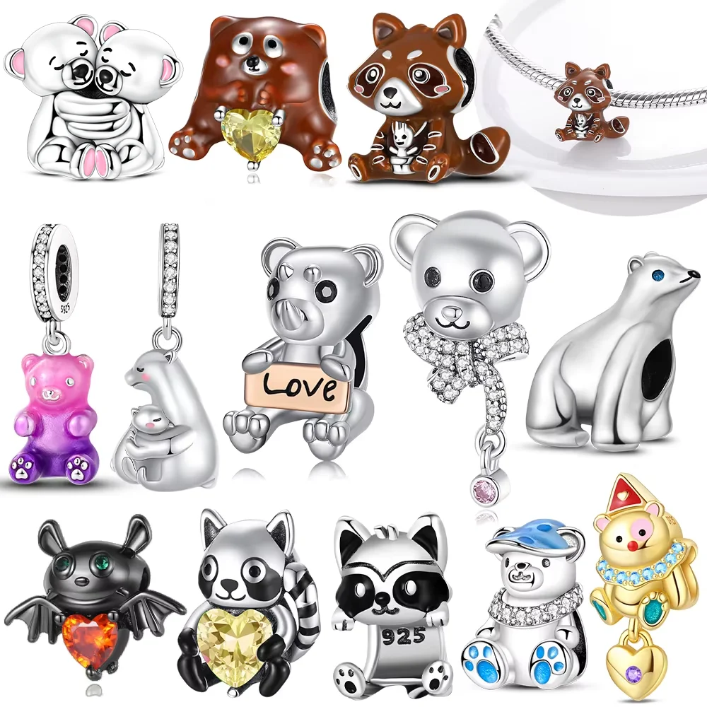 

Polar Bear Panda Cute Brown White Animal Heart Love Original 925 Silver Charms Bead Fit Bracelet Diy Gift Accessory Women