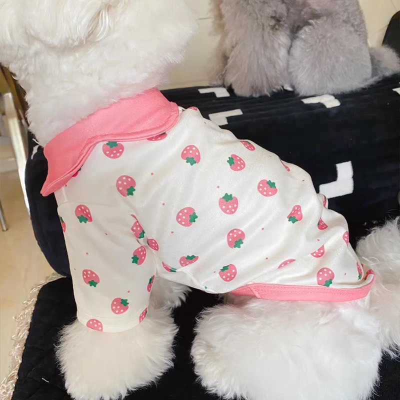 Strawberry Print Dog Clothes Pink Pet Dog Vest Cute T-Shirt Puppy Costume Cat Dog Polo Shirt Chihuahua Bichon Girls Dog Pullover