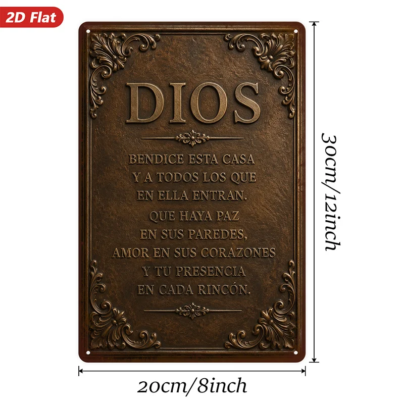 2D Flat, 1pc Faith Blessing Plaque Metal Sign Wall Art, Dios Bless This Home, Spanish Prayer Text, Home Decor,