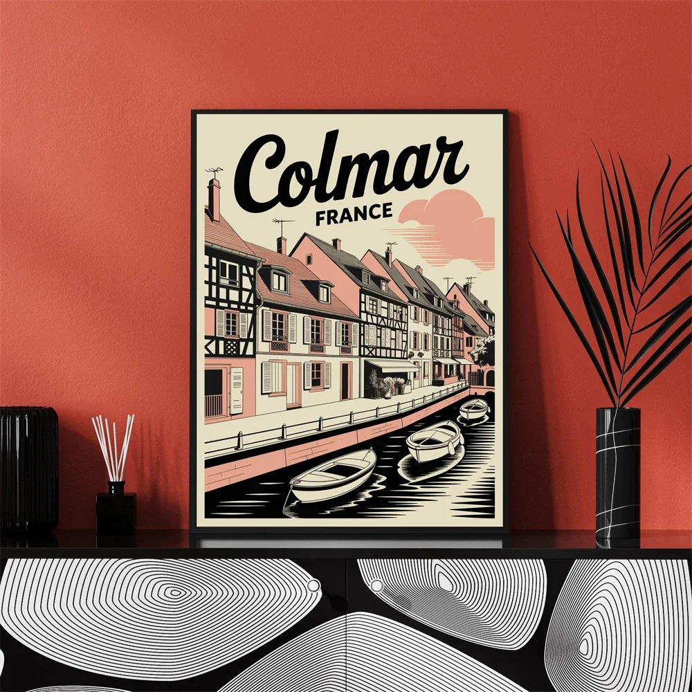 1pc frameless Canvas Painting ﻿ Tel Aviv Israel Retro Travel Poster Linocut Style Print Wall Art Barcelona Travel Poster Casa Ba