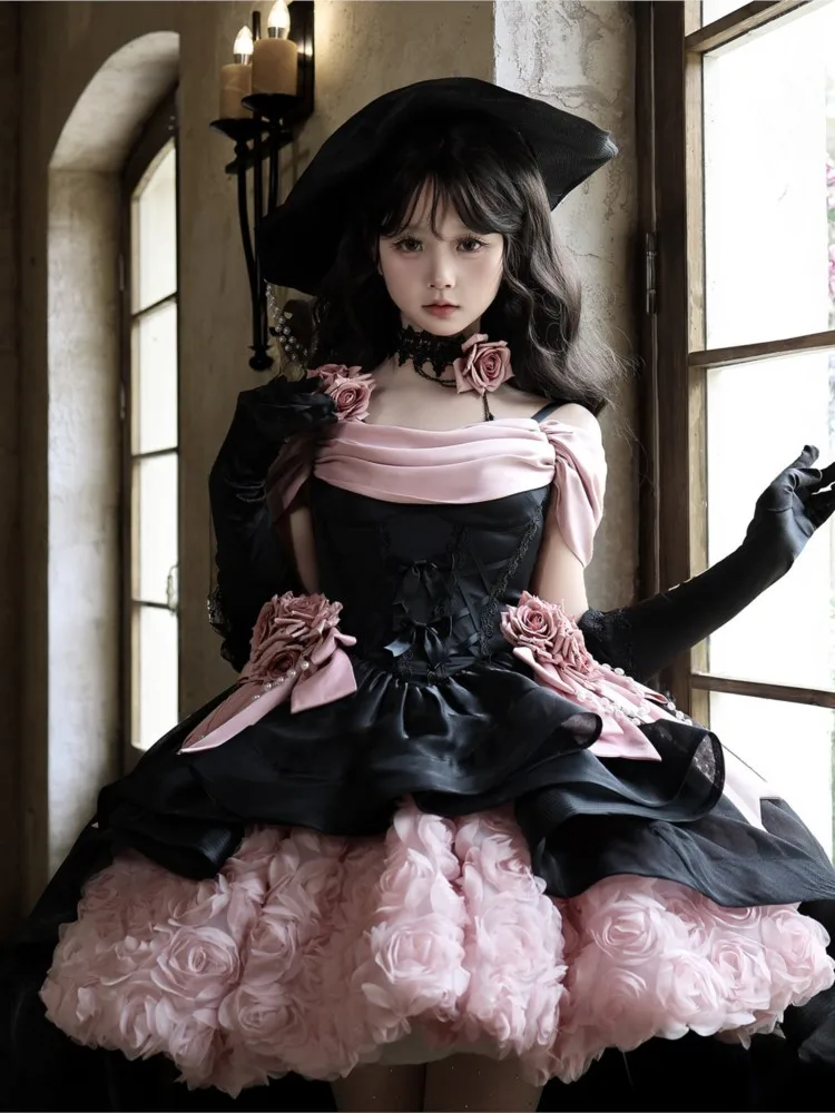 Night Banquet Time Design Black and pink halter swing neck dress