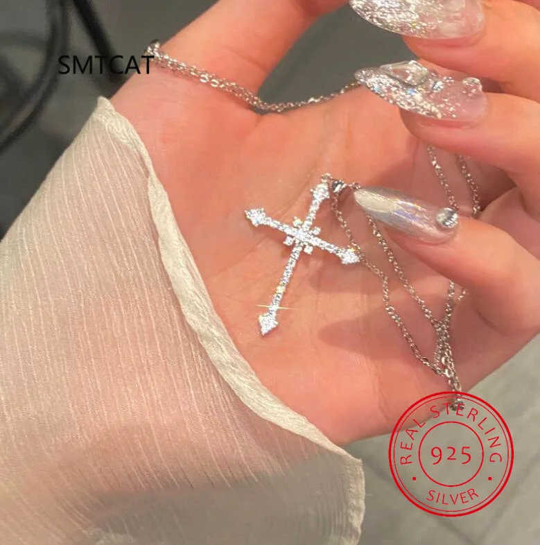 S925 Silver Christian Religious Cross Pendant Necklace 0.9Ct Moissanite D VVS Color Pendant Fine Jewelry Gifts