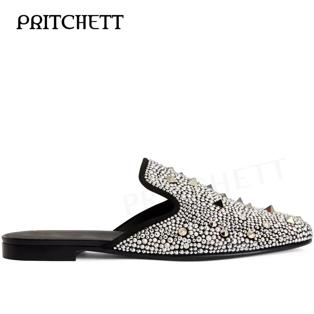 

Silver Diamond Rivet Baotou Slippers Round Toe Square Root Flat Luxury Slippers Fashion Party Casual Comfortable Men's Shoes