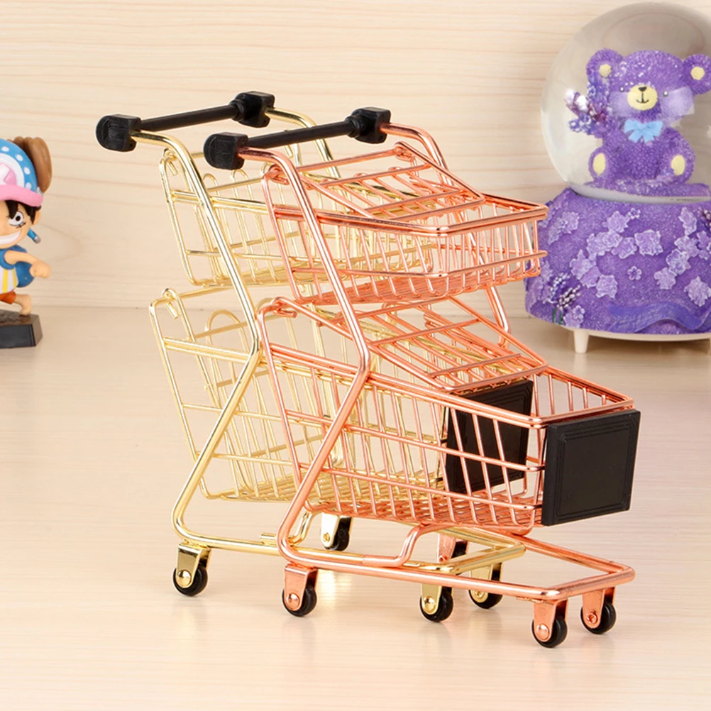

Mini Shopping Cart Trolley Metal Desk Kids Handcart Rose Gold Storage Iron Utility