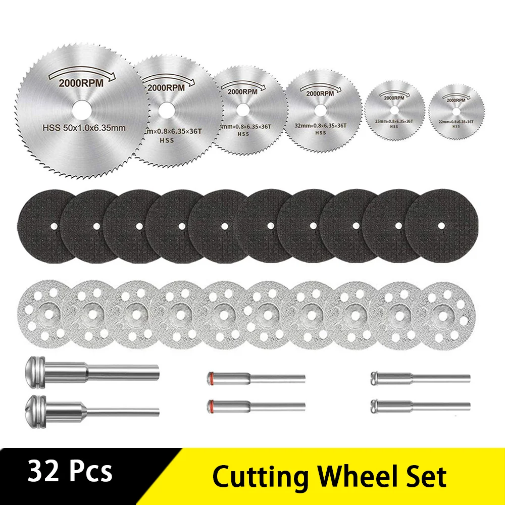 

32 Pcs Cutting Wheel Set with Circular Saw Blades Resin Cutting Discs Diamond Cutting Wheel 1/8" Shank for Wood Glass Plastic