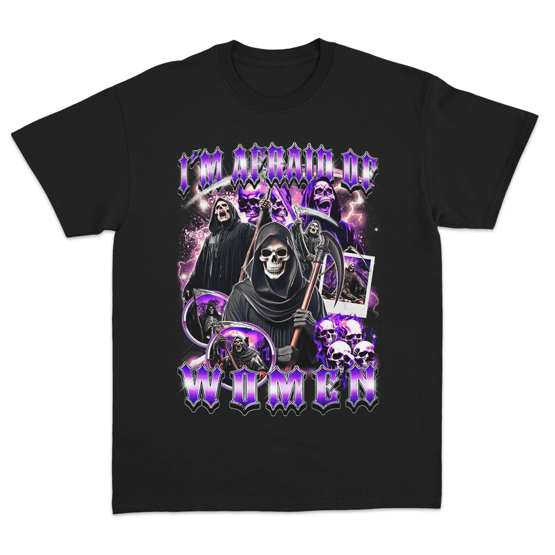 “Men's I'm Afraid of Women Grim Reaper Graphic T-Shirt Casual Short Sleeve Dark Gothic Humor Tee”