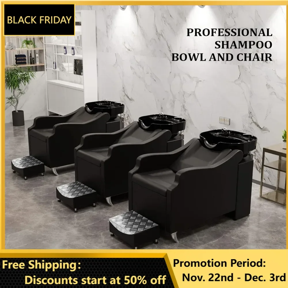 Shampoo Chairs, Shampoo Backwash Unit with Large Porcelain Bowl, Barbershop Beauty Spa Massage Hairdressing Equipment