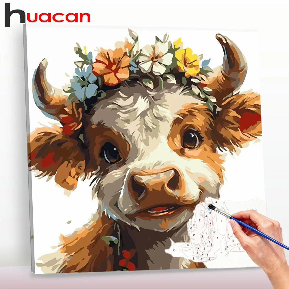 Huacan Digitales Ölgemälde Kuh Blume DIY Malen nach Zahlen Tiermalerei nach Zahlen Set für Erwachsene Handgemaltes Geschenk
