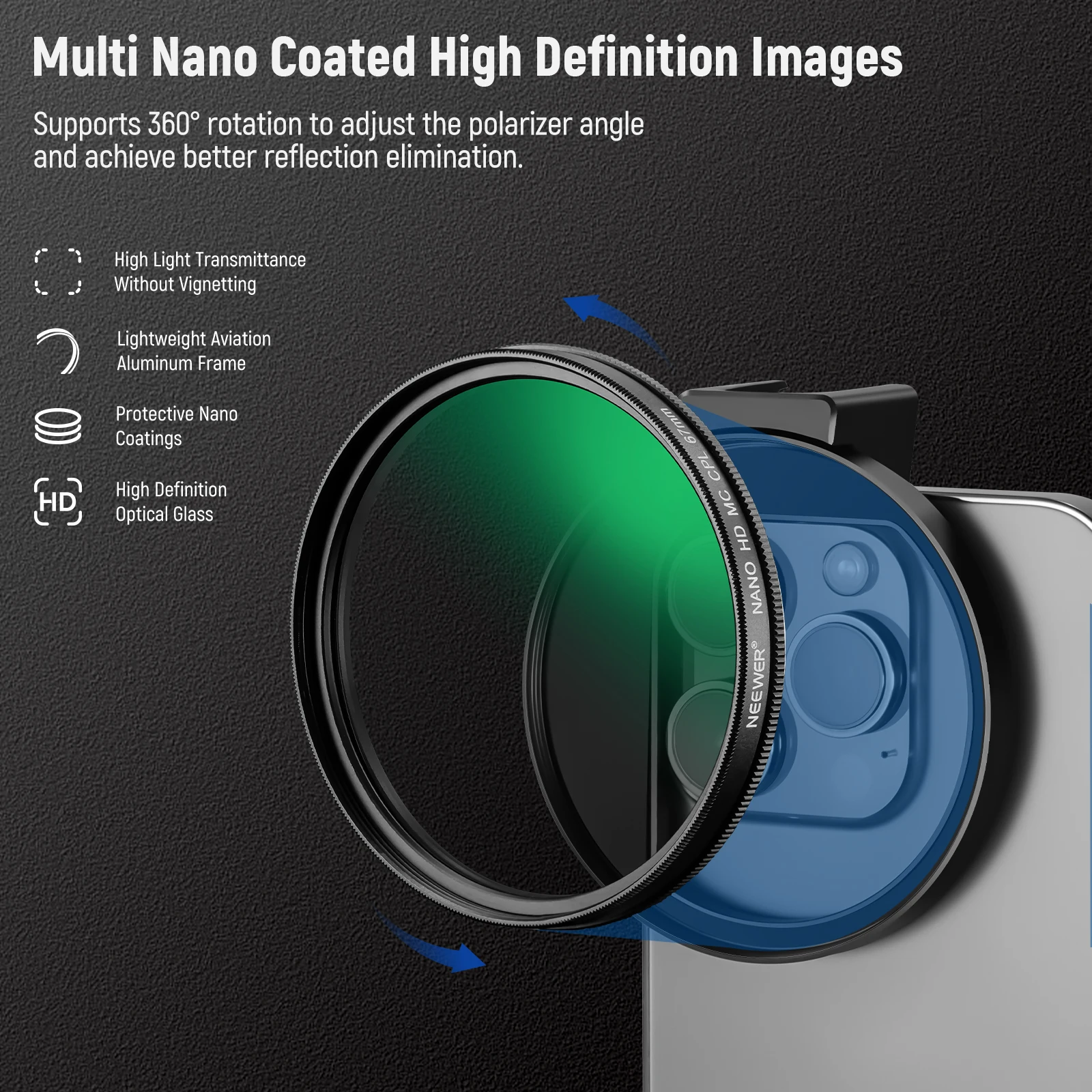 NEEWER 67mm CPL Polarizing Filter with Phone Clip 4