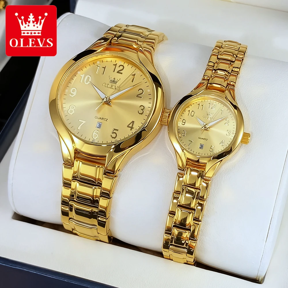 OLEVS Couple Watches Luxury Fashion Gold Fine Steel Original Quartz Wristwatch Waterproof Luminous Date Man and Woman Watch New