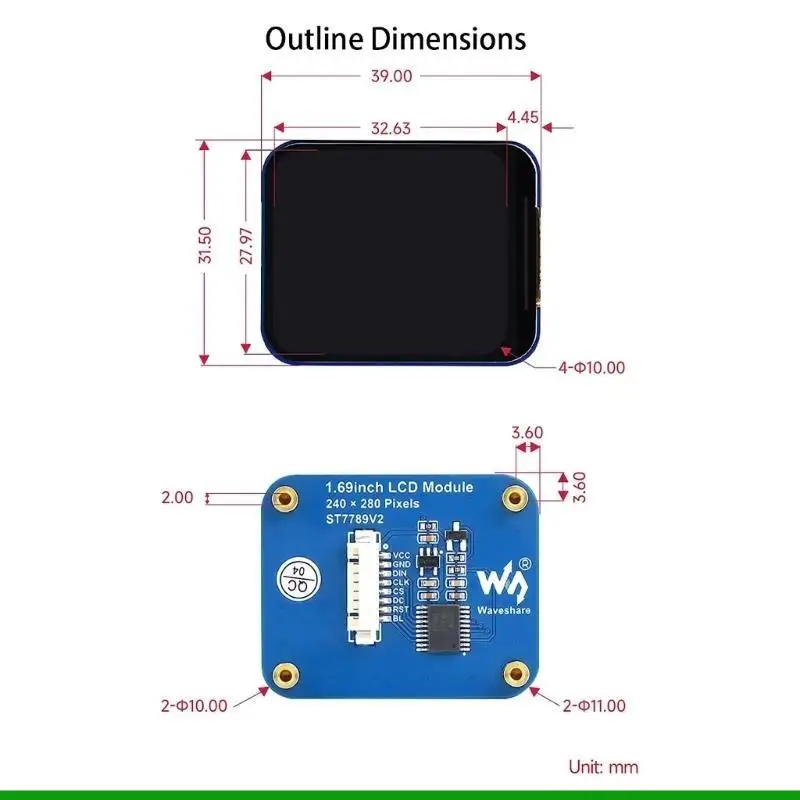 U55C High Eabality 1,69 polegadas LCD Tela com chip driver ST7789V2 e cores 262K RGB