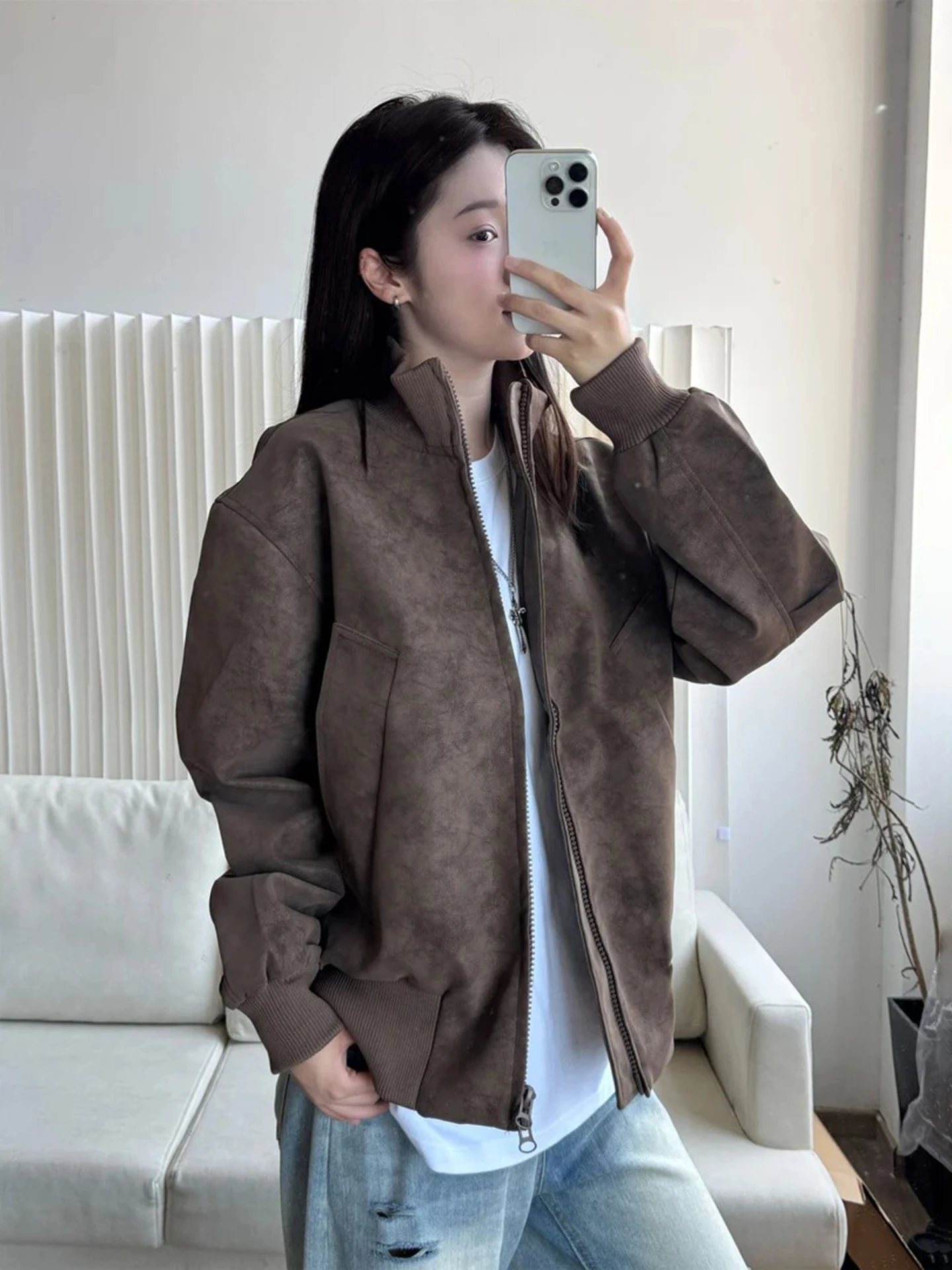 

Кожаная куртка-бомбер в стиле тай-дай с воротником-стойкой, американская пилотская куртка для мужчин и женщин, коричневого цвета, для осеннего сезона