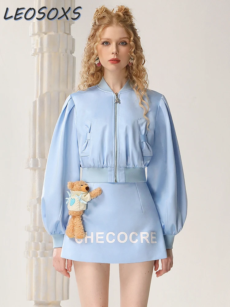 LEOSOXS Sweet Casual Suit Skirts 2024 Autumn Three-dimensional Bear Design Sense Blue Top Skirt Two-piece Suit Women Skirt Sets