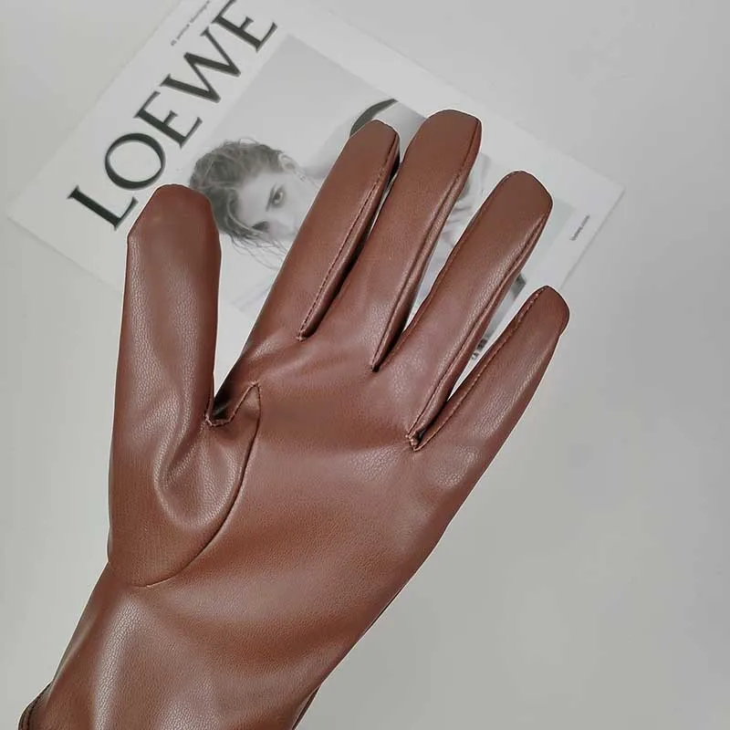 Winter Female Solid Sport Cycling Windproof Mitten Women PU Leather Plus Plush Thick Velvet Warm Driving Waterproof Glove O86