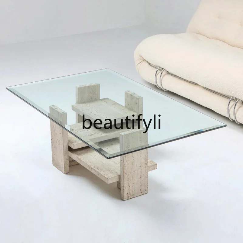 

Glass coffee table Nordic small apartment simple modern designer living room sofa travertine rectangular creative
