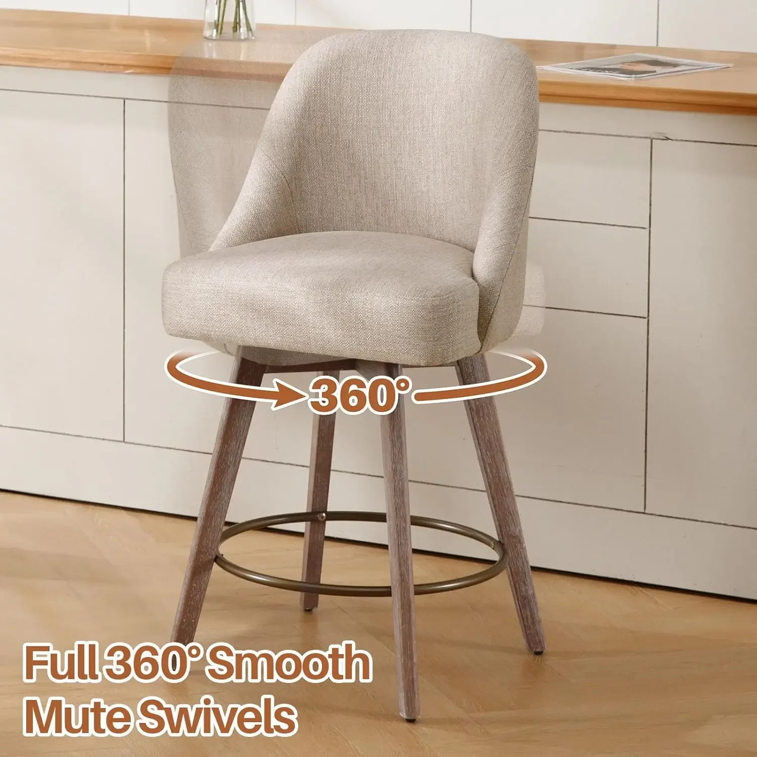 Counter Height Bar Stools Set of 3, Modern Mid-Century Swivel Barstools with Backs and Wood Legs.