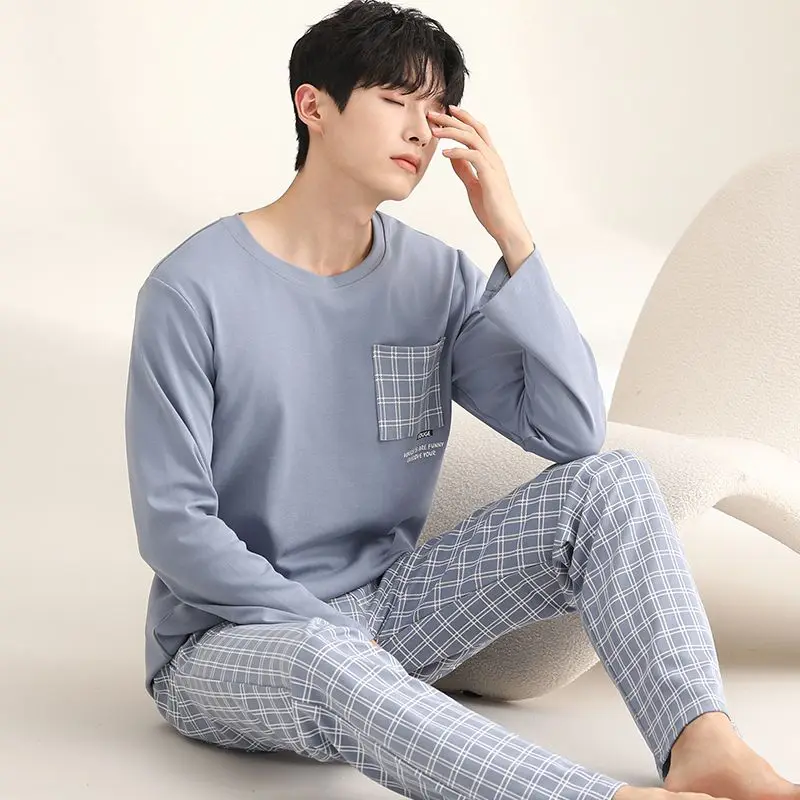 男性用長袖パジャマセット,韓国パジャマ,ルーズフィット,綿100%,高品質,秋,2022