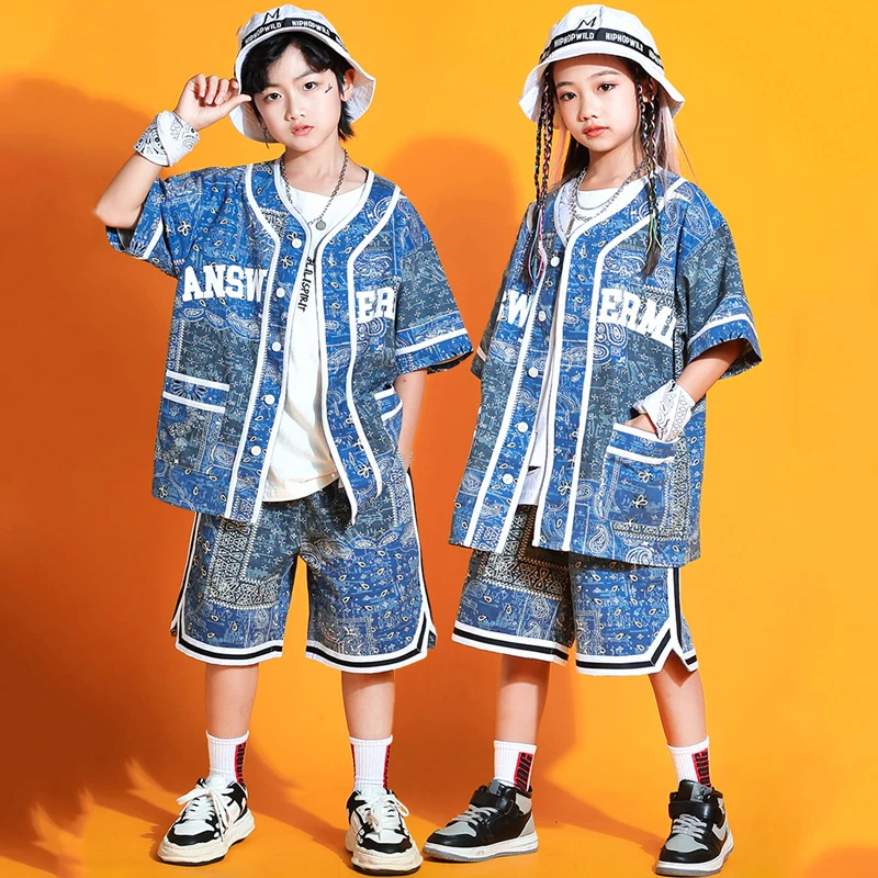 Children Street Dancewear Short Sleeves Shirt Shorts For Girls Jazz Costume Boys Hip Hop Clothes Kids Kpop Stage Outfit SL7007