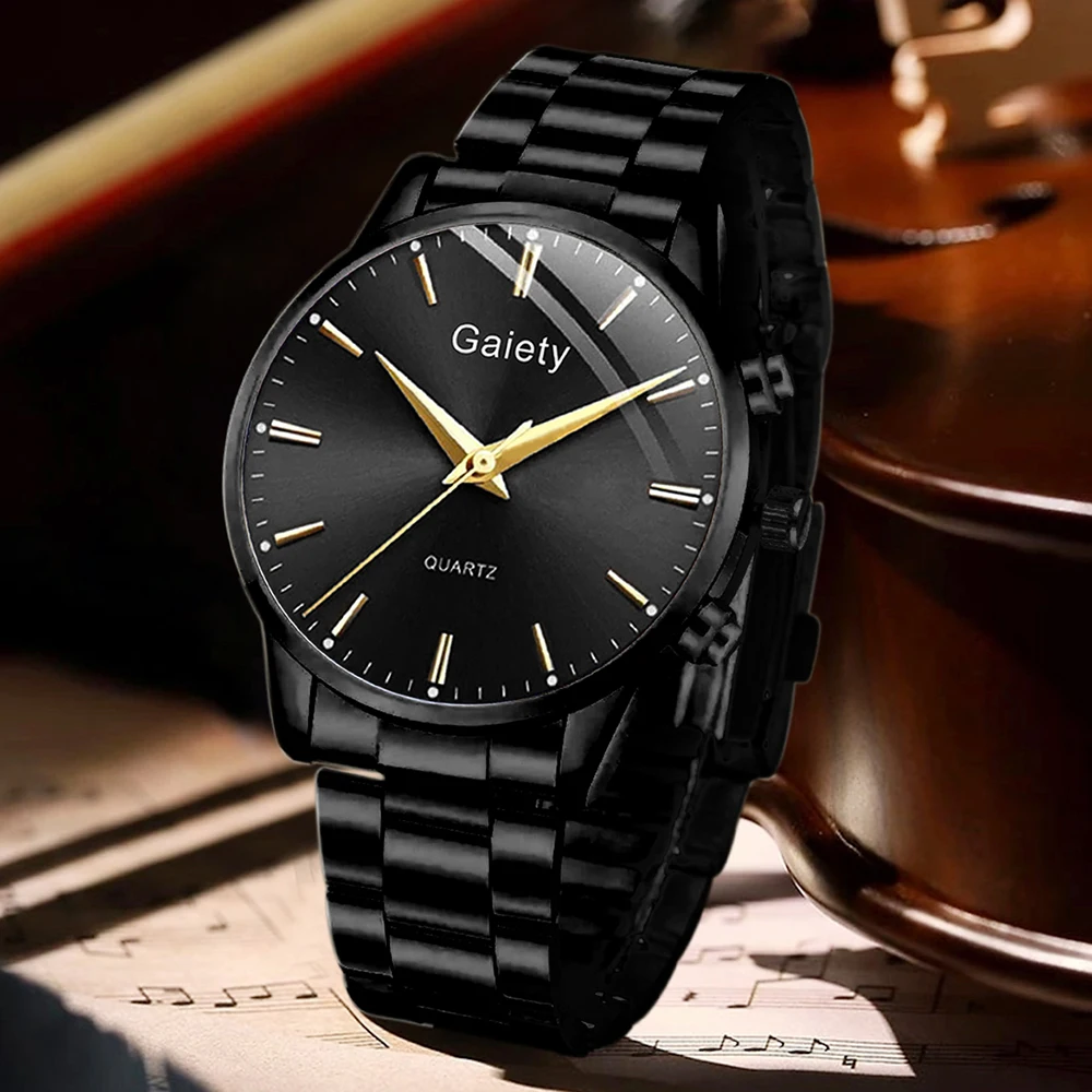 4PC Black Men's Minimalist Watch Set Business Trendy Lines Scale Round Dial Quartz Watch Bracelet Necklace Ring Set Perfect Gift